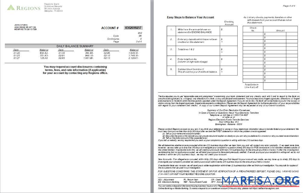 Realistic USA Tennesse Regions bank statement word 4 pages, version 2, 3 4 scr template